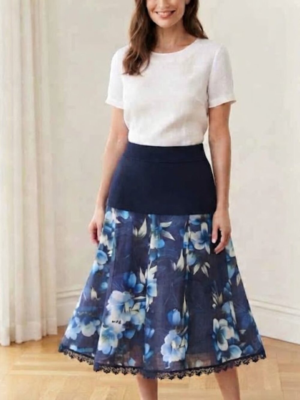NWT Valentina Naldi Italian Linen Floral Skirt Stretch Knit Waistband - Size M